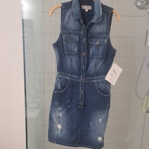 Guess Sleeveless Distressed Denim Dress - Dark Blue